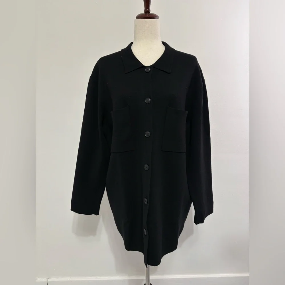 NWT Quince Eco-Knit Milano Stitch Oversized Shirt Jacket Black Sz M - Picture 2 of 6